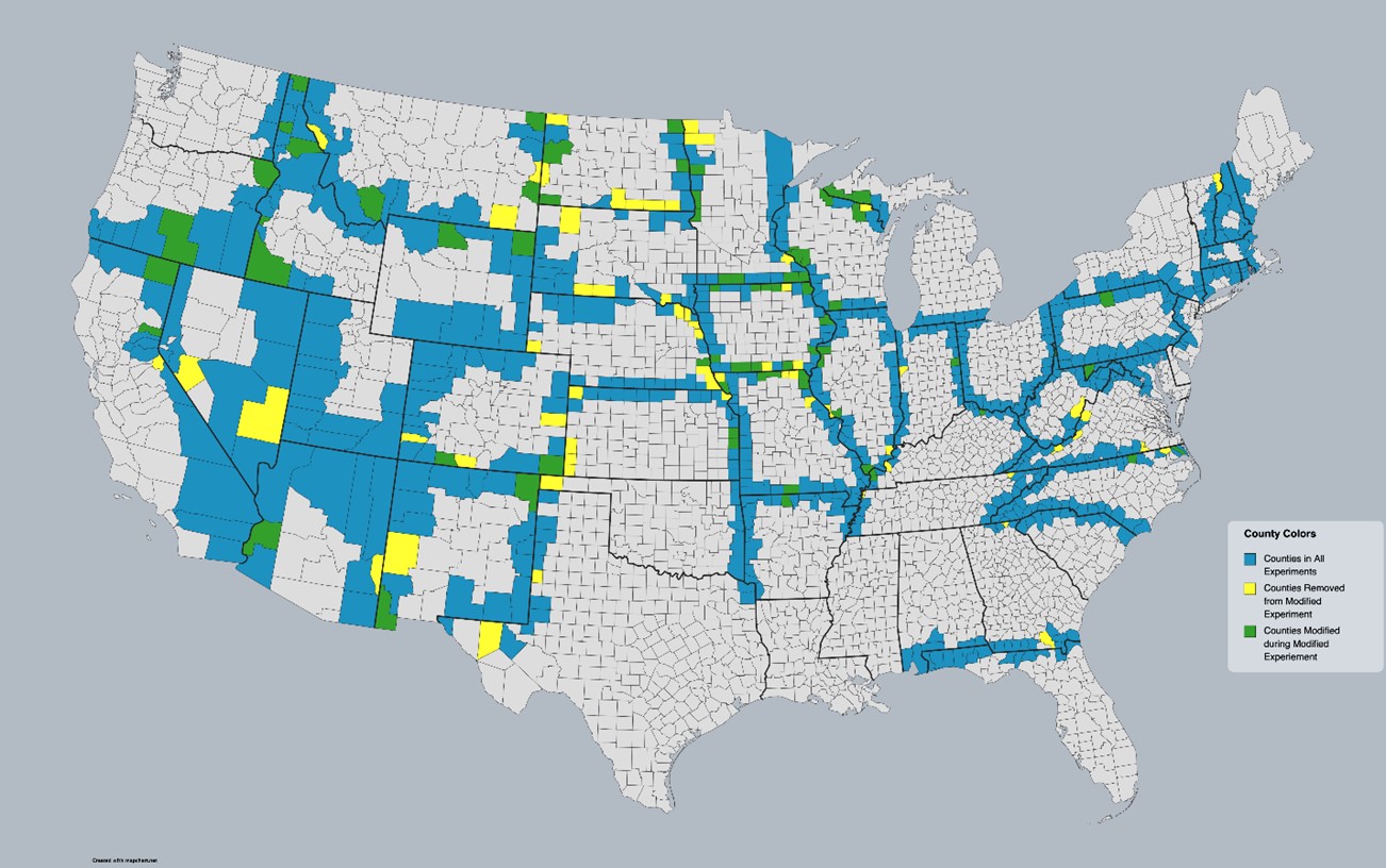 Figure 4: Status of counties in revised experiment. Unchanged Counties are blue, removed counties are yellow, and counties with some removed experiments are green.