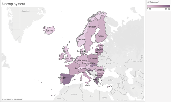 Average Unemployment Rate by Country 2000-2019. A map of Europe with purple countries.