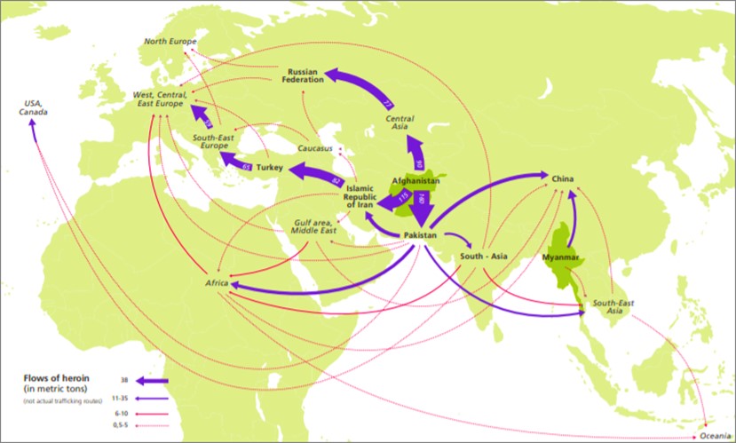 This figure shows that most legal opium in the USA comes from India, Australia, France and Turkey.
