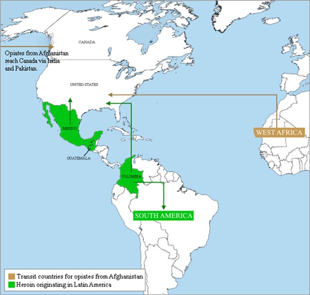 This figure shows that Afghanistan opium comes into the USA through Canada and West Africa. Heroin from Latin American comes to the USA via Columbia and Mexico.