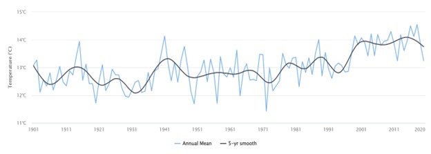 This chart shows average temperatures in Afghanistan from 1901 to 2020. After 1991 there is a increase in the average temperatures