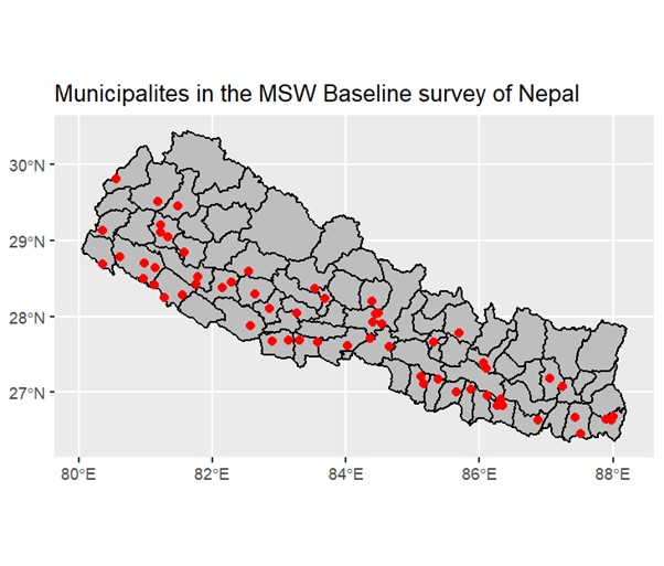 This map shows the municipalities used in this stufy and their location in Nepal.
