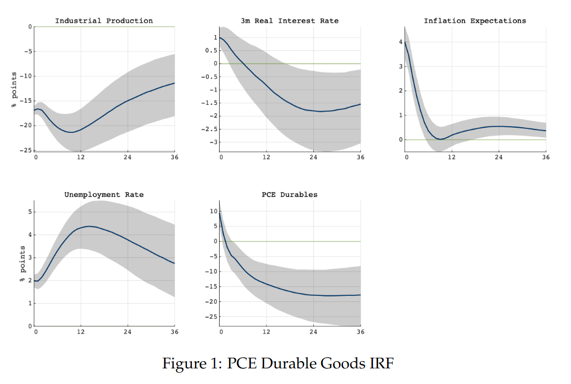 Figure 1: PCE Durable Goods IRF. Five-panel line graph showing impulse response functions for economic indicators over 36 months. Each panel includes a blue response line with shaded confidence intervals, highlighting trends such as a gradual increase in industrial production, a decline then leveling of real interest rates, a sharp initial drop in inflation expectations, a rise then fall in unemployment rate, and a steady decrease in PCE durables.