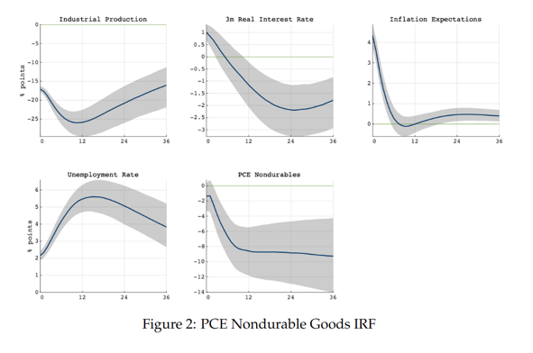Figure 2: PCE Nondurable Goods IRF. Five line graphs display economic indicators over 36 months, including Industrial Production, 3m Real Interest Rate, Inflation Expectations, Unemployment Rate, and PCE Nondurables. Each graph features a blue trend line with a gray confidence interval, showing notable declines in Industrial Production and PCE Nondurables, a rise then fall in Unemployment Rate, and a sharp initial drop in Inflation Expectations.