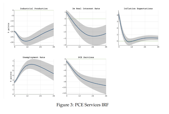 Figure 3: PCE Services IRF. Five-panel line chart showing economic indicators over 36 months with shaded confidence intervals. Panels display trends for Industrial Production, 3m Real Interest Rate, Inflation Expectations, Unemployment Rate, and PCE Services, highlighting declines in Industrial Production and PCE Services, a dip then rise in Real Interest Rate, a sharp initial drop in Inflation Expectations, and a peak then decline in Unemployment Rate.