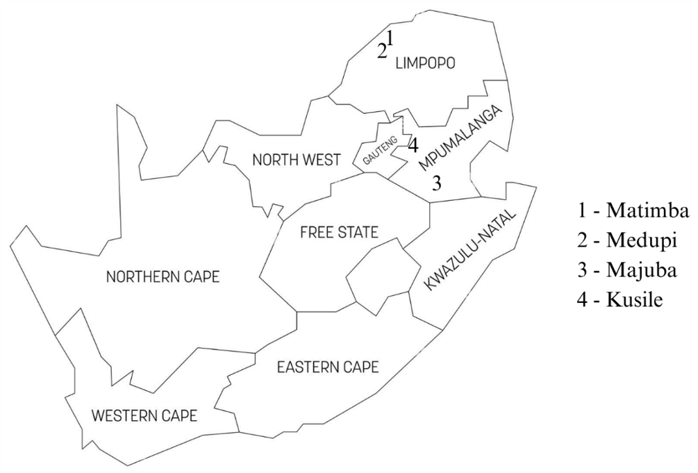 Outline map of South African provinces which highlights the locations of four coal-power stations. Matimba and Medupi located in Limpopo, and Majuba and Kusile located in Mpumalanga. 