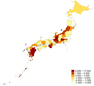 Panel B of Figure B2 presents a prefecture-level map of the differences in overtime hours between 2019 and 2023.
