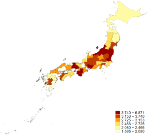 Panel A of Figure 1 presents a prefecture-level map of nursing shortage measure 1, the job openings-to-applicants ratio.