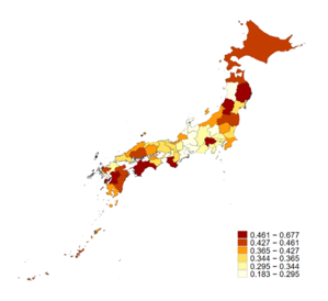 Panel B of Figure 1 presents a prefecture-level map of nursing shortage measure 2, one minus the share of medical institutions that adopted 7-to-1 patient-to-nurse staffing ratio.
