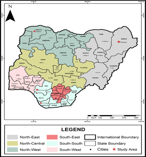 Map of Nigeria divided into six geopolitical zones: North Central, North East, North West, South East, South South, and South West.