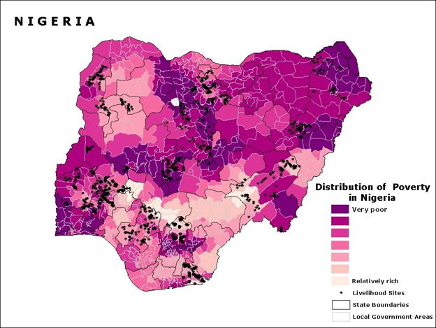 Map illustrating income distribtuion across Nigeria. The North depicts higehr rates of poverty as compared to south Nigeria. 