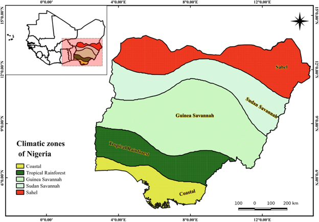 Map illustrating climatic zones across Nigeria, showing tropical monsoon conditions in the southern regions, savanna climate in the central regions, and semi-arid conditions in the northern regions.