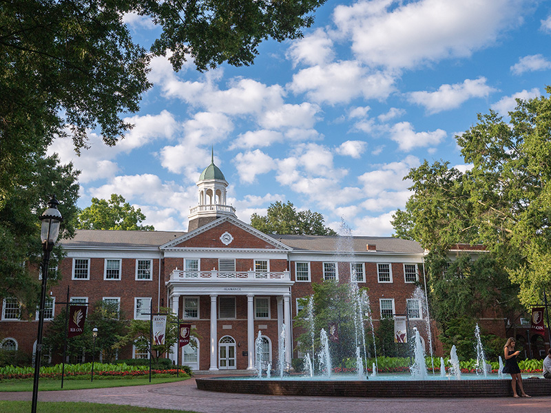 Elon University Alamance building with water fountain