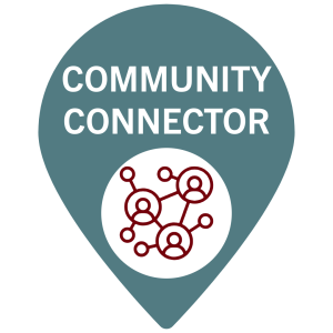 Elon University accent teal color bubble with community connector text and hands with person connector icon