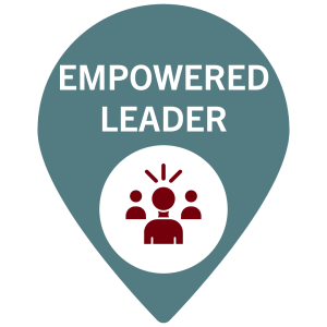 Elon University accent teal color bubble with empowered leader text and a user icon in a frontward role with two users in background