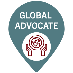 Elon University accent teal color bubble with global advocate and hands with world icon