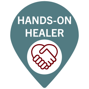 Elon University accent teal color bubble with hands on healer and hands in heart shape icon