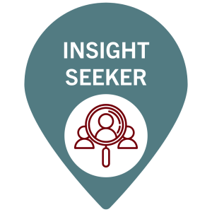 Elon University accent teal color bubble with insight seeker text and icon with magnifying glass and user icons