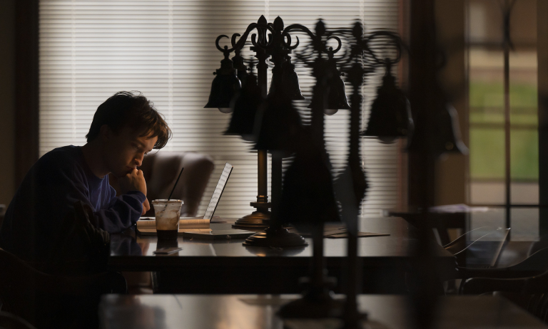 A student studies quietly at a desk in the library, working on a laptop with soft light filtering through the blinds.