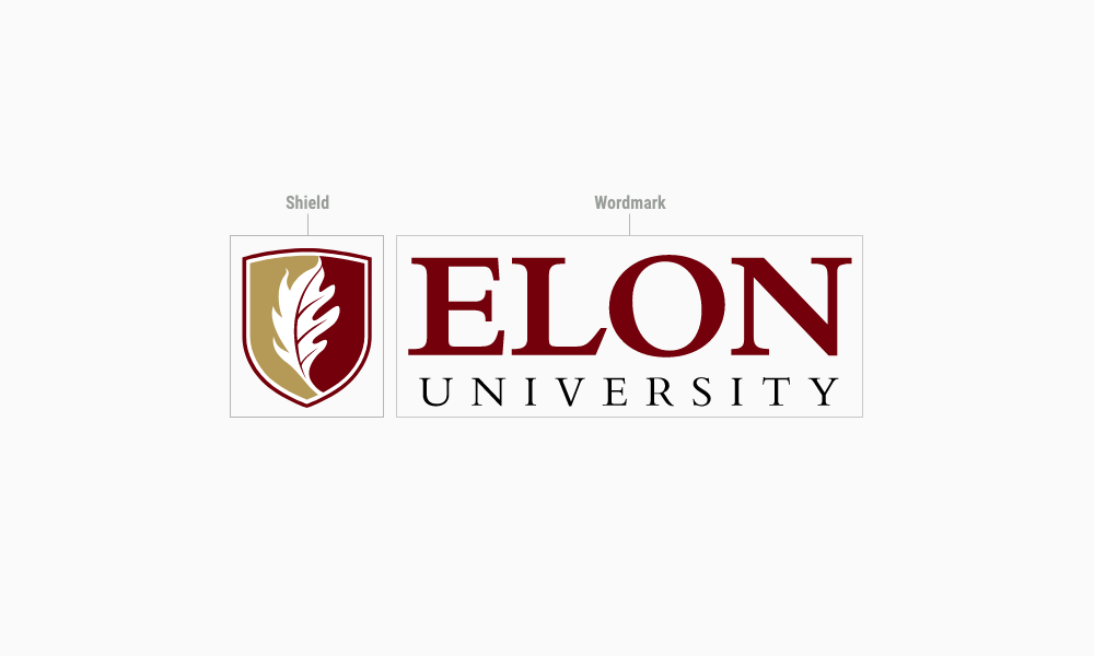 Example of the Elon University primary signature distinguishing between the shield and wordmark