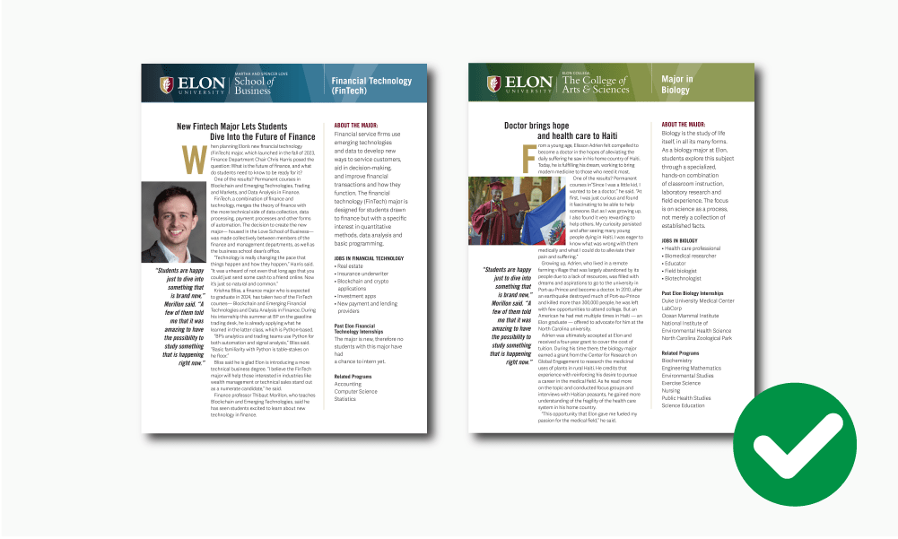 Examples of Elon University academic informational brochures