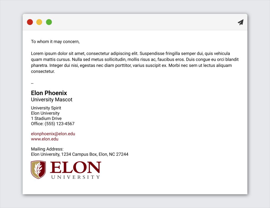 An example of an Elon University email signature