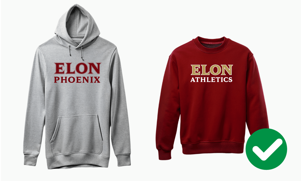 Correct Elon University branding on gray and maroon sweatshirts.