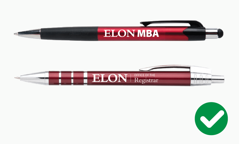 Correct Elon University logo usage on promotional pens.
