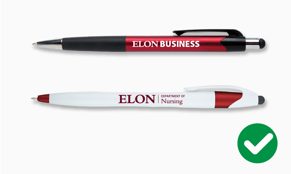 Correct examples of Elon University logos on promotional pens.