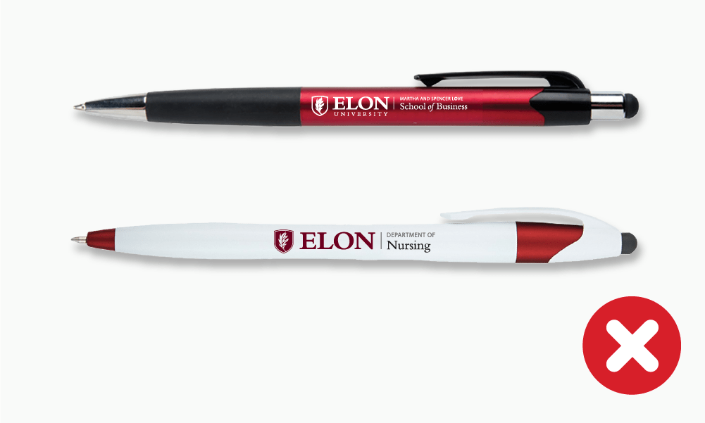 Incorrect examples of Elon University logos on promotional pens.