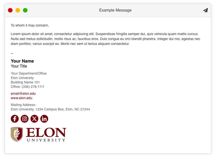 Example screenshot of an Elon branded email signature