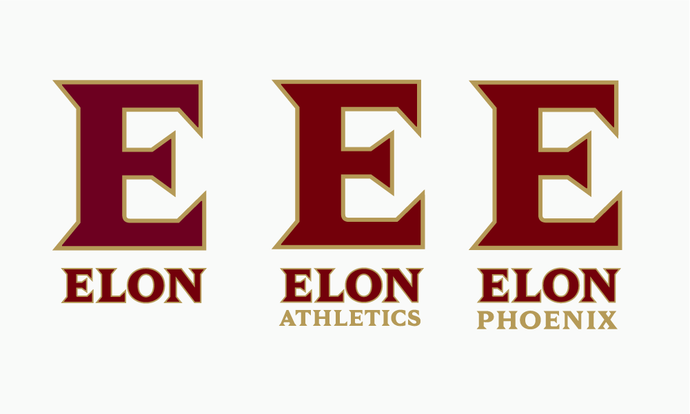 Example image with various Elon monograms, including the Elon Athletics and Elon Phoenix versions