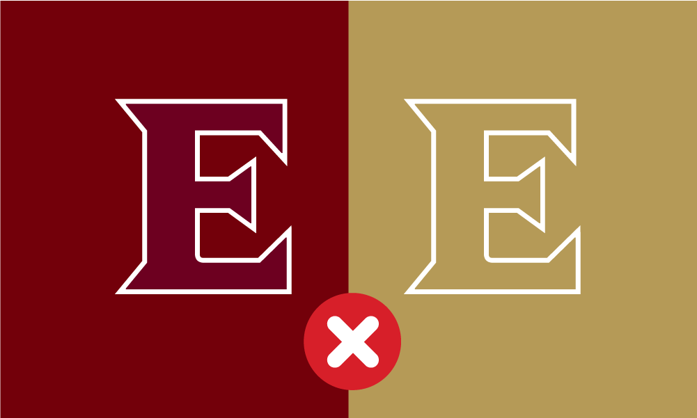 Incorrect usage example showing not to use a maroon monogram on a maroon background, and gold monogram on a gold background