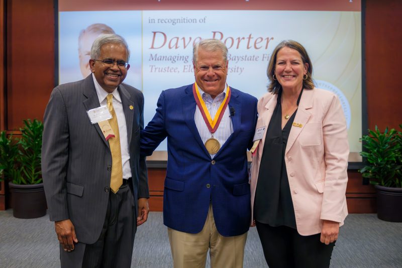Dean Emeritus Tadepalli with honoree Dave Porter and Elon President Connie Book