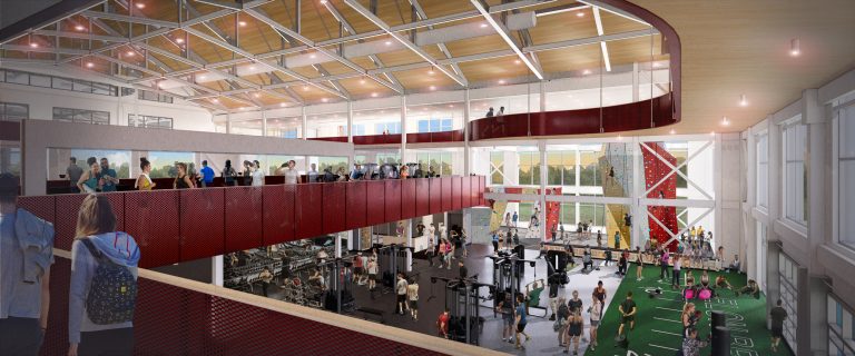 Architectural rendering of the Slattery Center's second-floor fitness area overlooking a weight room, turf training space, cardio mezzanine, and climbing wall with vaulted ceilings.