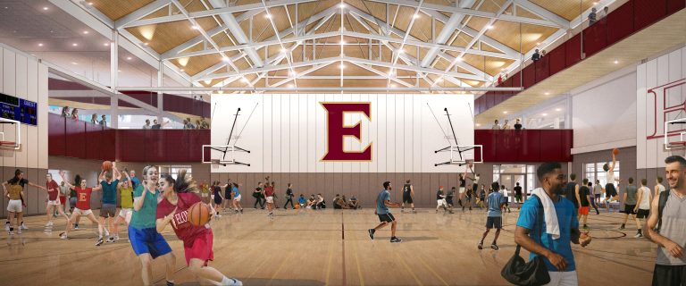 Architectural rendering of the Slattery Center gymnasium with students playing basketball on hardwood courts under a vaulted ceiling, with the Elon "E" logo on the end wall.