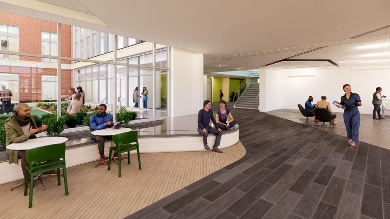 Architectural rendering of the Slattery Center's student-faculty engagement spaces from a wider angle, showing open lounge seating, curved benches, indoor plants, and large windows overlooking a courtyard.
