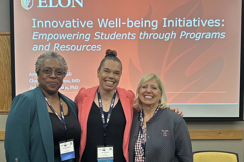 Charlotte Williams, director of health promotion; Anu Räisänen, director of HealthEU Initiatives; and Jana Lynn Patterson, assistant vice president for Student Life and dean of Students posing for photo before presentation
