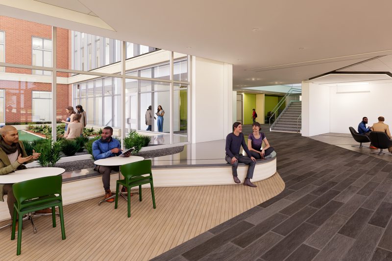 Architectural rendering of the Slattery Center's student-faculty engagement spaces, showing open lounge areas with seating, indoor plants, and large windows overlooking a courtyard.