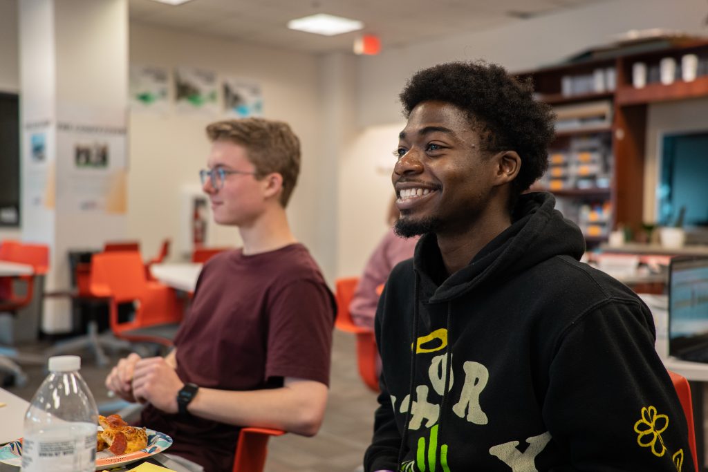 2 students smiling during a pathways to design thinking class session