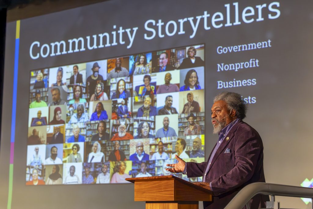 Power and Place collaborative member James Shields introduces the stories of alamance county project before a screening of the documentary "Legacies of Love"