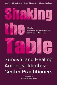 book cover for shaking the table: survival and healing amongst identity center practitioners featuring the title in pink text on a mauve background