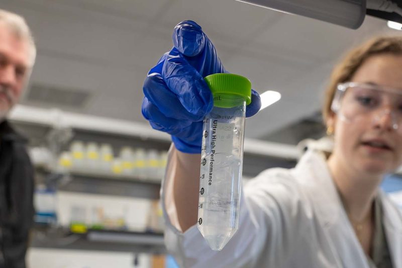 Engineering student Lauren Hill examines a water sample during a research project with faculty member Scott Wolter.