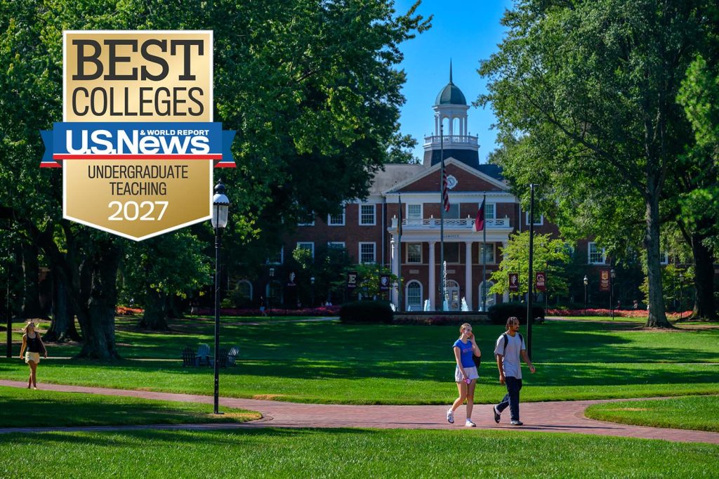 Elon's campus with the US News badge for Undergraduate Teaching