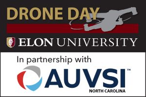A drone flying above the name Elon University and AUVSI.