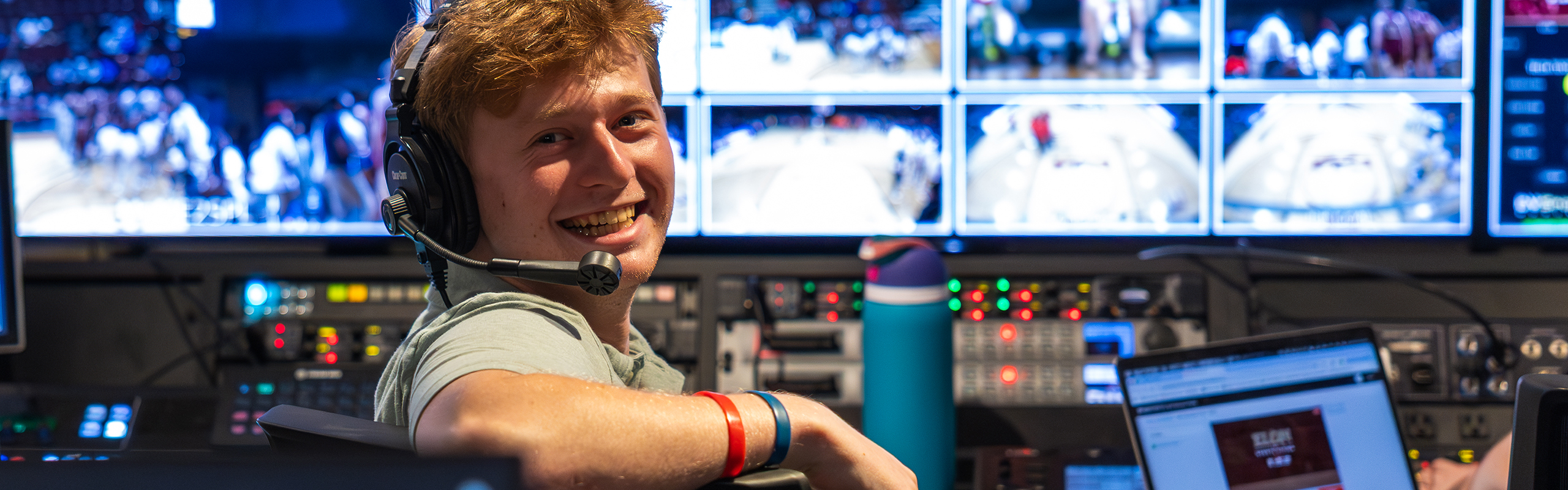 Scott Katz '26 sits in Elon Sports Vision studio.