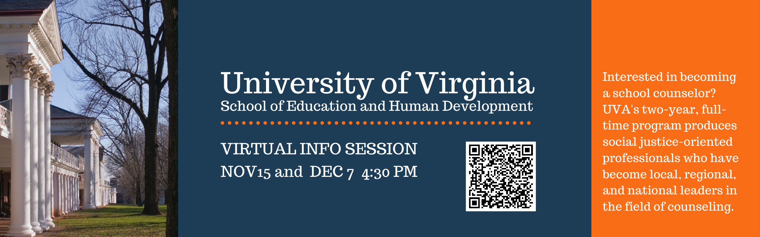 UVA's M.Ed Counseling program info session Nov 15 and Dec 7 at 4:30 Review the Elon Job Network for Details