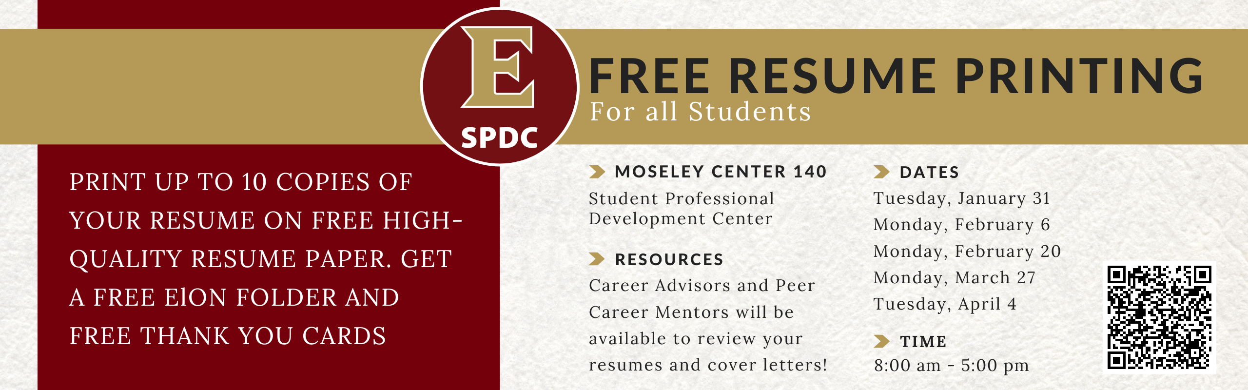 Free Resume printing, Elon Folders, and Thank you cards offered throughout the year in Moseley 140 the Student Professional Development Center (SPDC)
