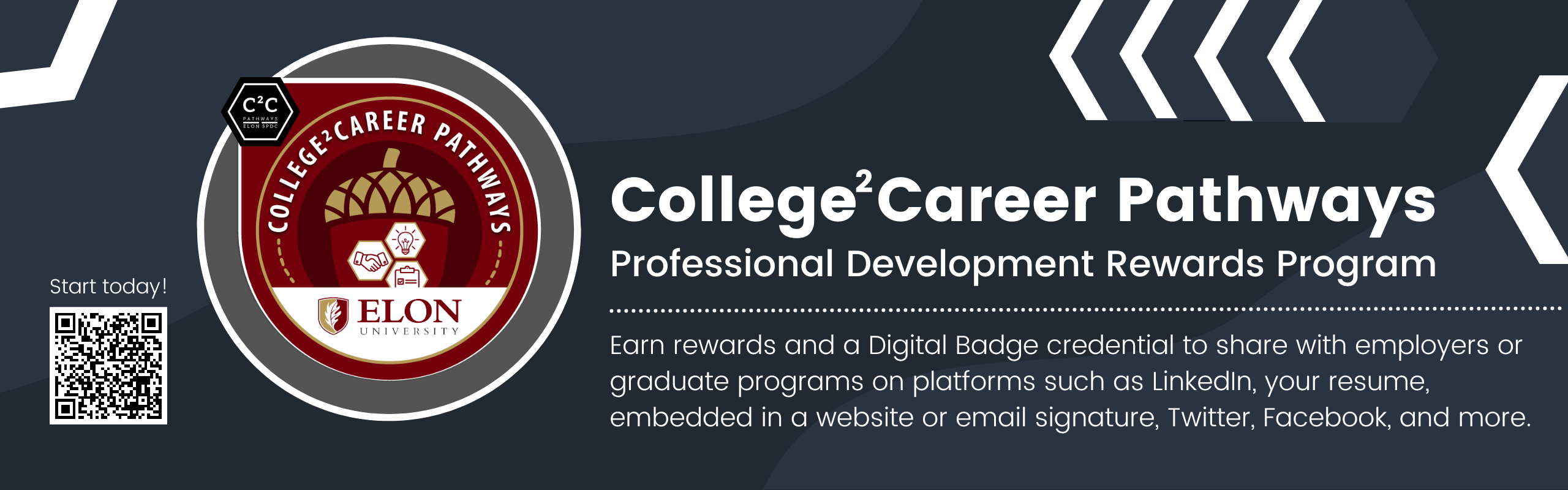 College2Career Pathways Professional Development Rewards Program now offers a Digital Badge issued by Elon University Review your progress on the Elon Job Network