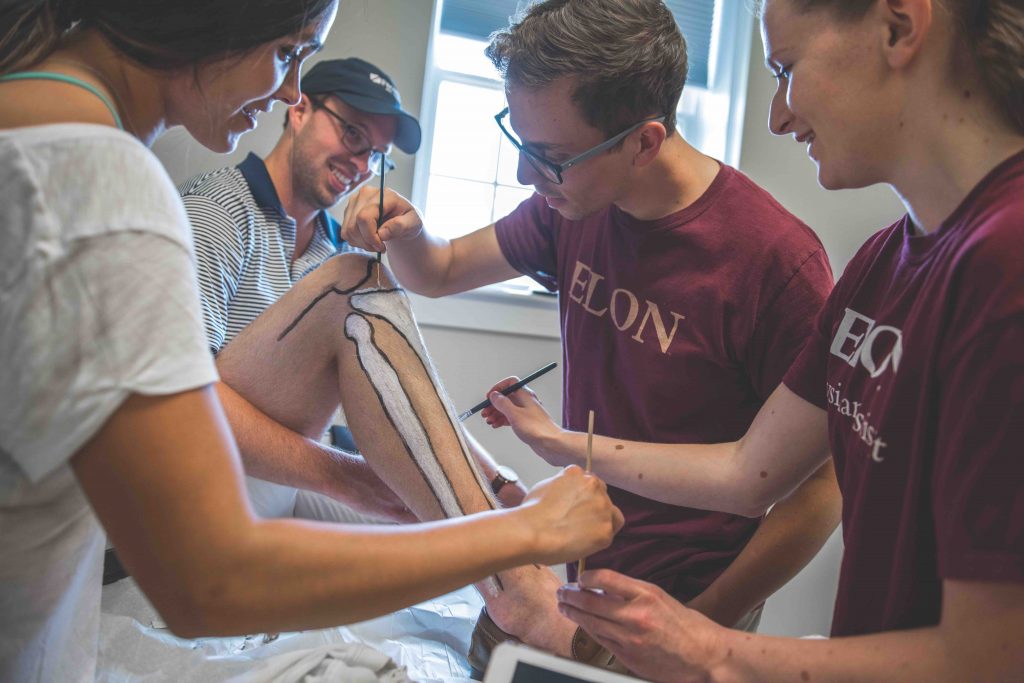 PA students practice anatomy by painting on students' bodies. Coordinated by Assistant Professor of Physician Assistant Studies Cindy Bennett.